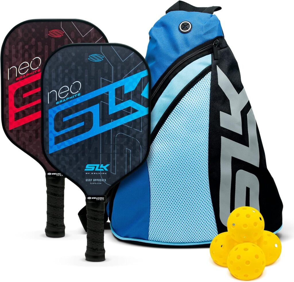 Two SLK pickleball paddles for beginners with a bag and balls