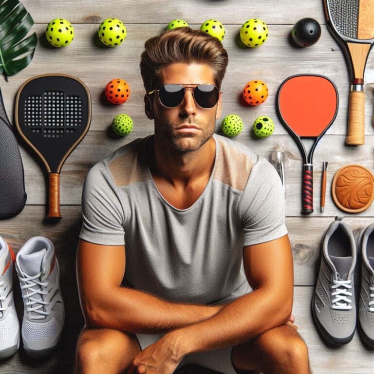 a man surrounded by pickleball accessories