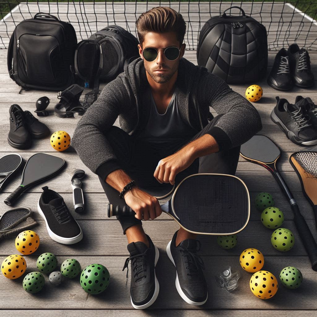 a professional pickleball player surrounded by his pickleball gear and accessories