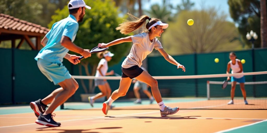 Players enjoying a pickleball match on a sunny court.