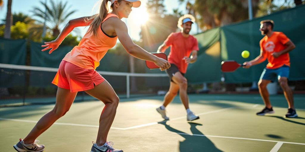 Players competing in a lively pickleball match on court.