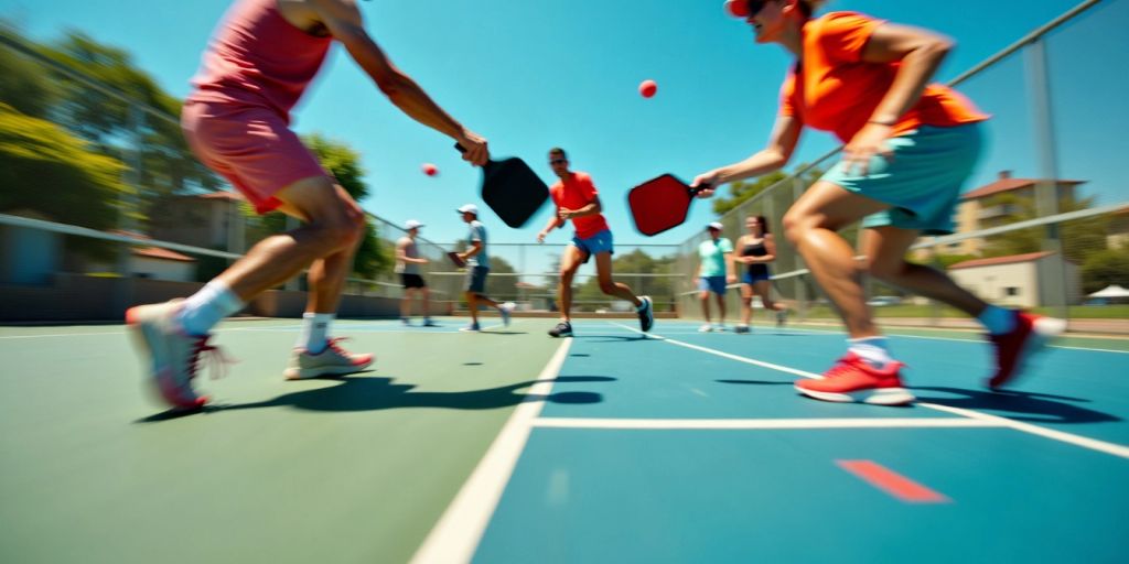 Players intensely competing in a pickleball match.