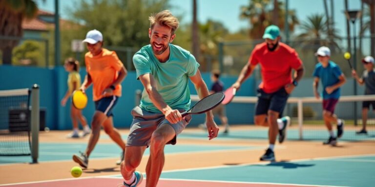 Diverse pickleball players competing on a sunny court.