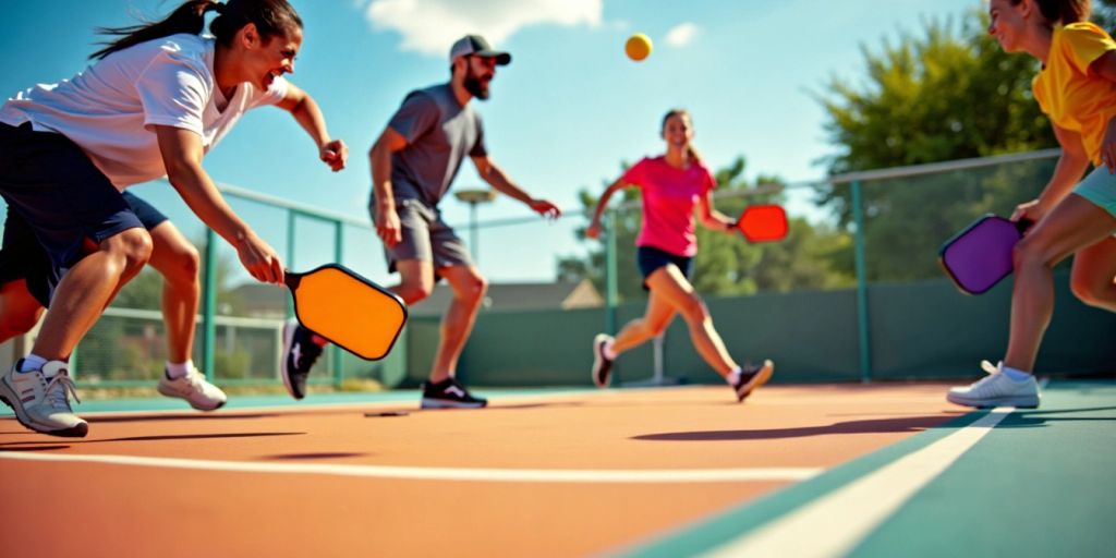 Players in action during an exciting pickleball match.