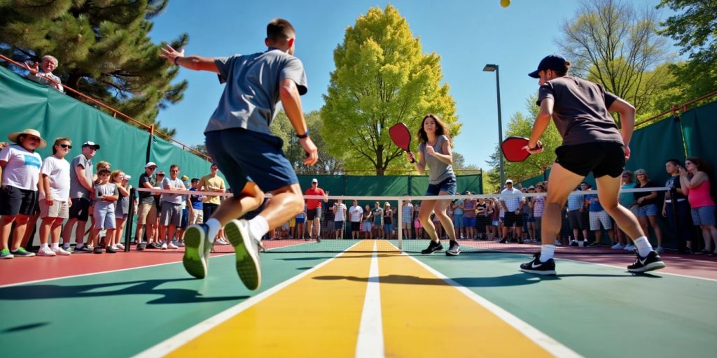 Players engaged in an exciting pickleball match on court.