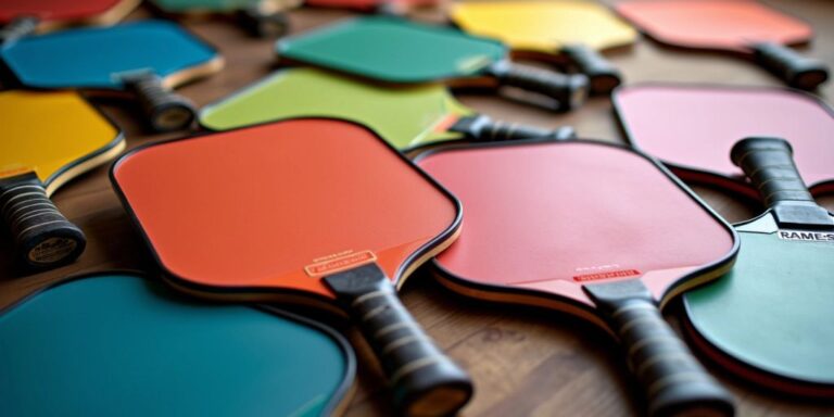 Colorful pickleball paddles on a wooden surface.