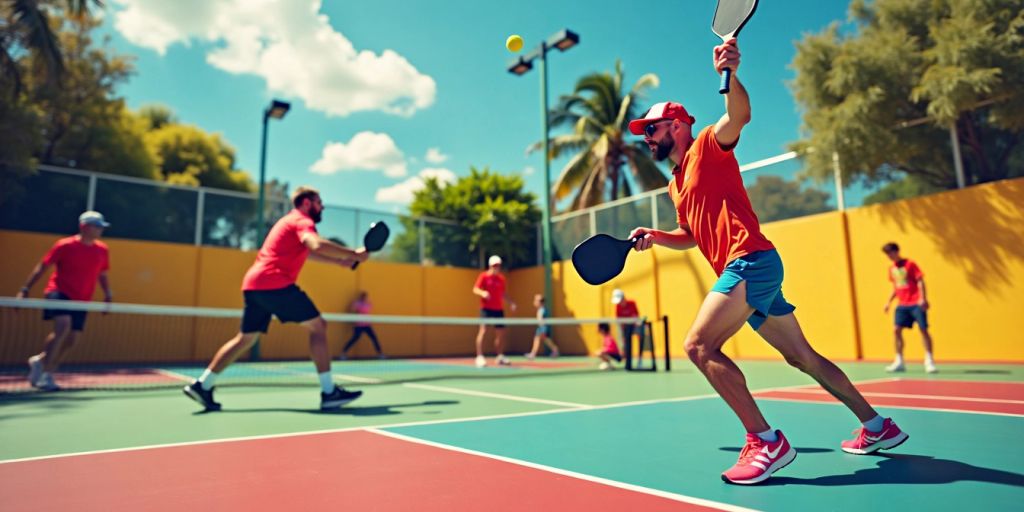 Players engaged in an intense pickleball match on court.