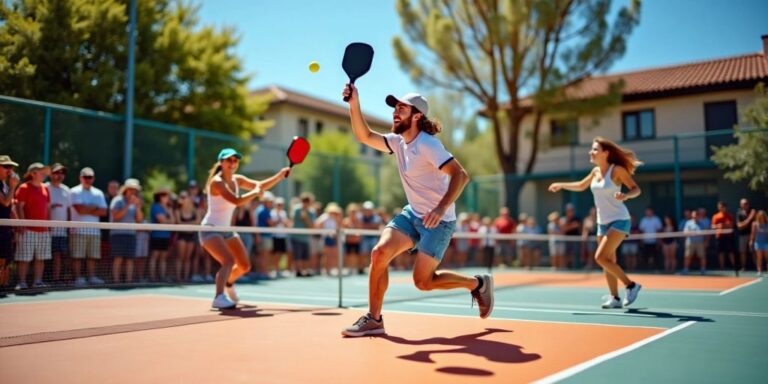 Players competing in a lively pickleball match.