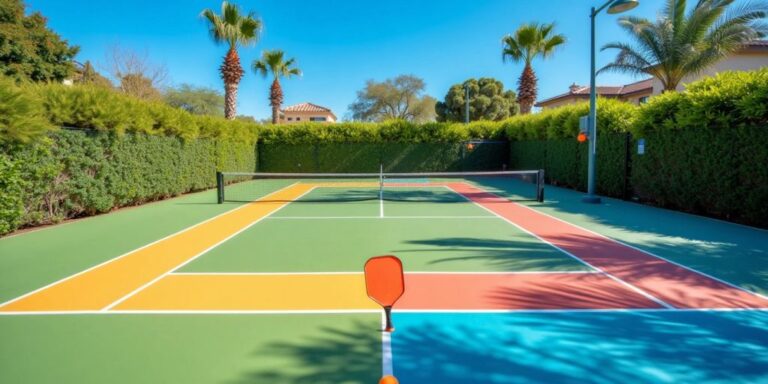 A colorful pickleball court with clear blue sky.