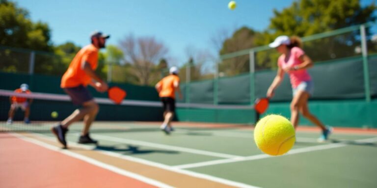 Players competing in an intense pickleball match on court.