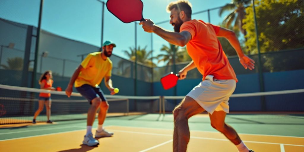 Players engaged in an intense pickleball match on court.