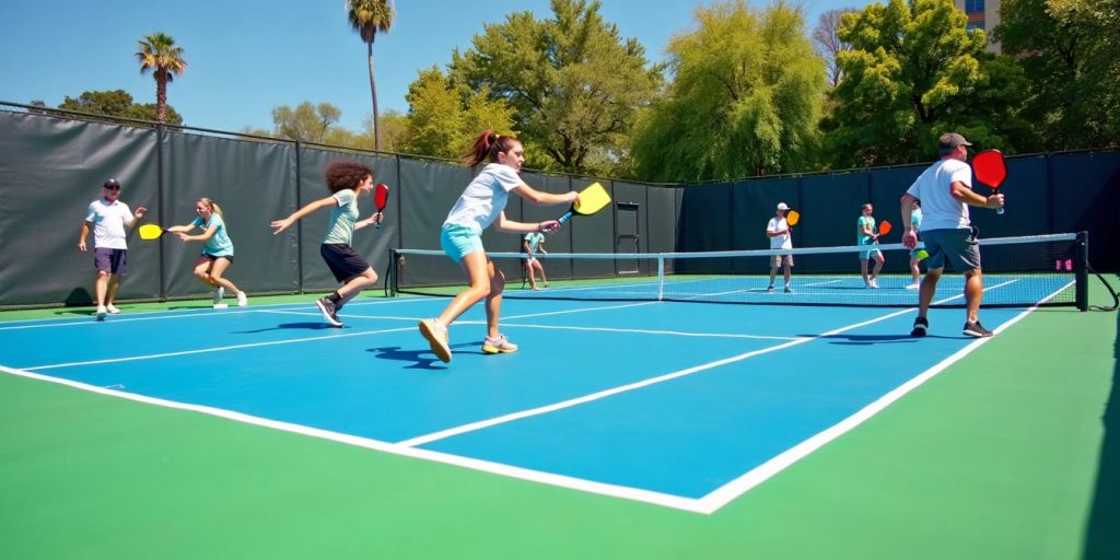 Players competing on a colorful pickleball court.