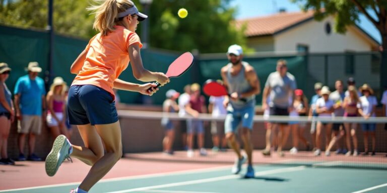 Players enjoying a competitive pickleball match outdoors.