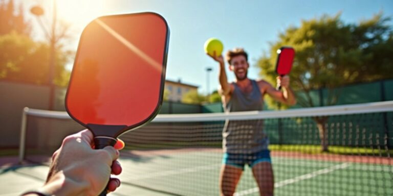 Two players competing in a pickleball match outdoors.