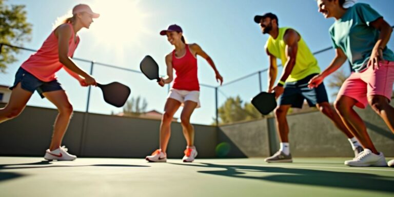 Beginners playing pickleball on an outdoor court.