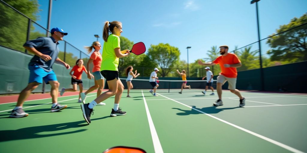 Players enjoying a game of pickleball on a sunny court.