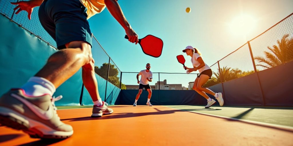 Players engaged in an intense pickleball match on court.