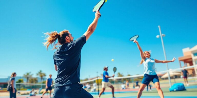 Two players engaged in a pickleball match on court.