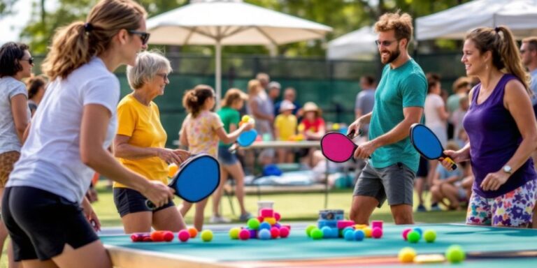 Players engaged in a lively outdoor pickleball match.