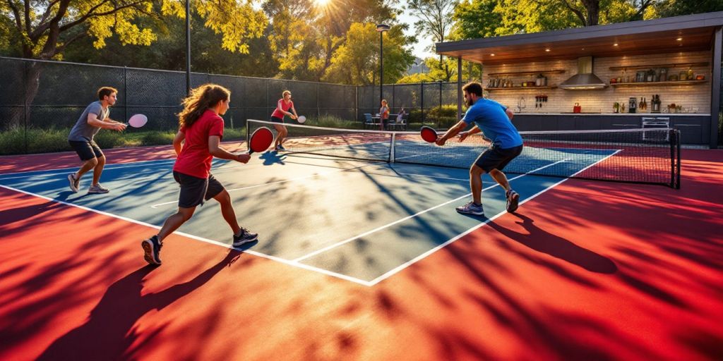 Players engaging in pickleball near the kitchen area.