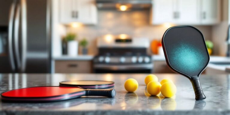 Pickleball paddles and balls in a bright kitchen.