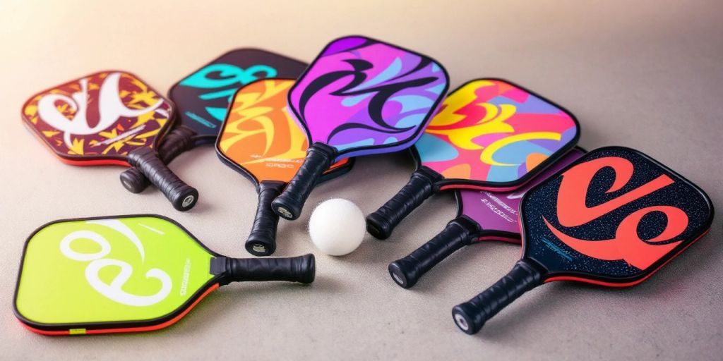 Colorful Engage pickleball paddles on a textured surface.