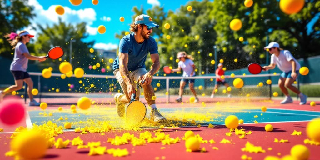 Players of different skill levels playing pickleball on court.