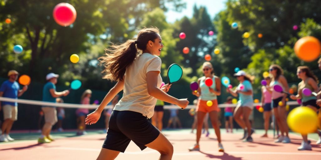 Players enjoying a game of pickleball on a sunny court.