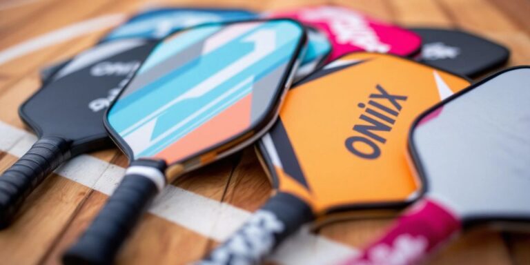 Close-up of Onix pickleball paddles on a court.