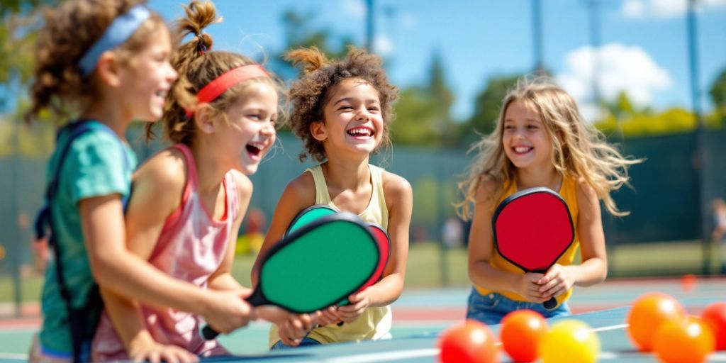 Kids playing pickleball with paddles and colorful balls.