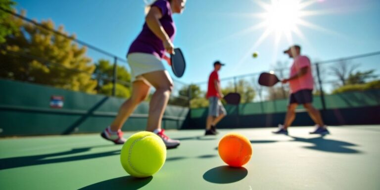 Players actively engaged in a pickleball match on court.