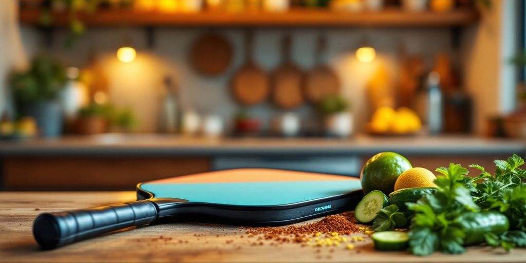 Kitchen scene with pickleball paddle and fresh ingredients.