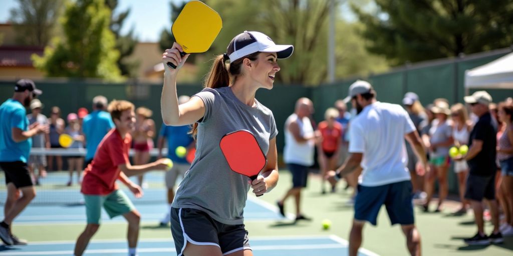 Players enjoying pickleball at a lively community event.