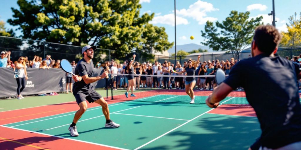 Players competing in a lively pickleball match.