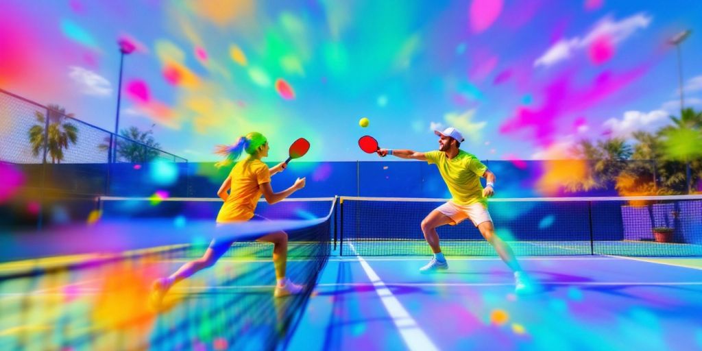 Two players competing in an intense pickleball match.