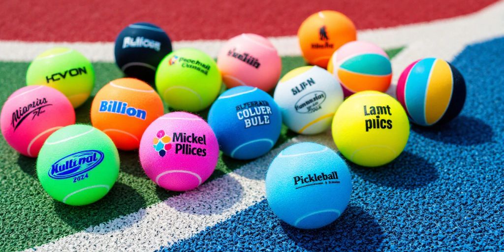 Colorful assortment of pickleball balls on a court.