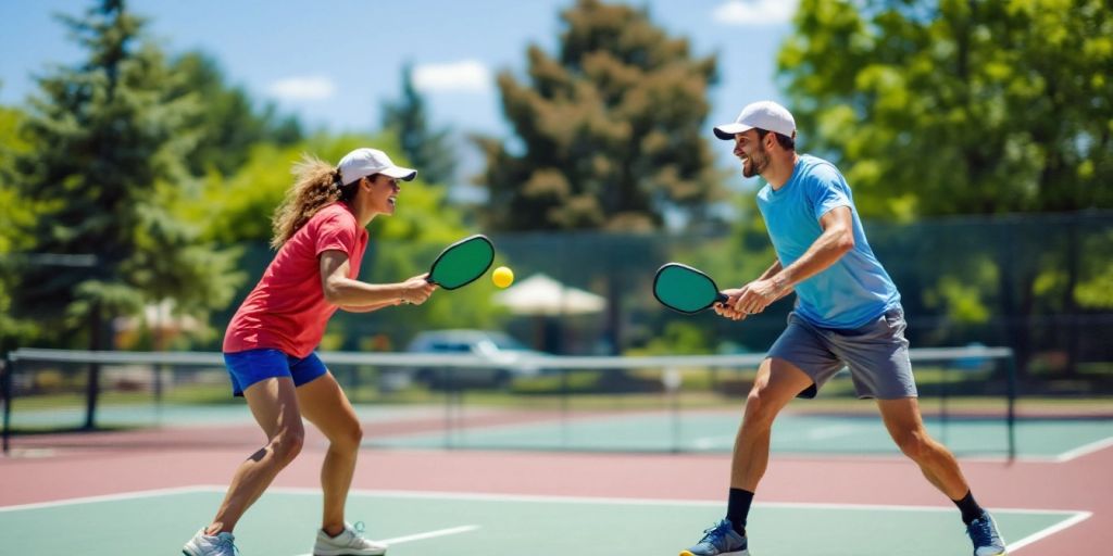 Two players enjoying a game of pickleball outdoors.