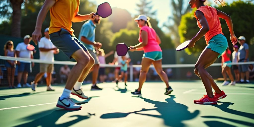 Players enjoying a lively pickleball match on a court.