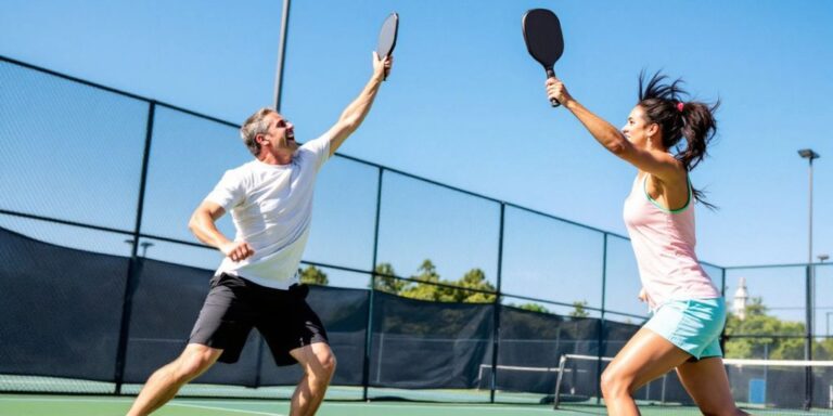 Two players actively playing pickleball on a sunny court.