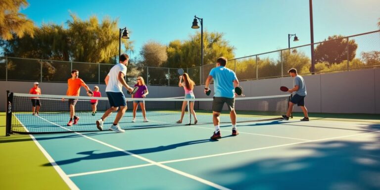 Players of different skill levels playing pickleball on a court.