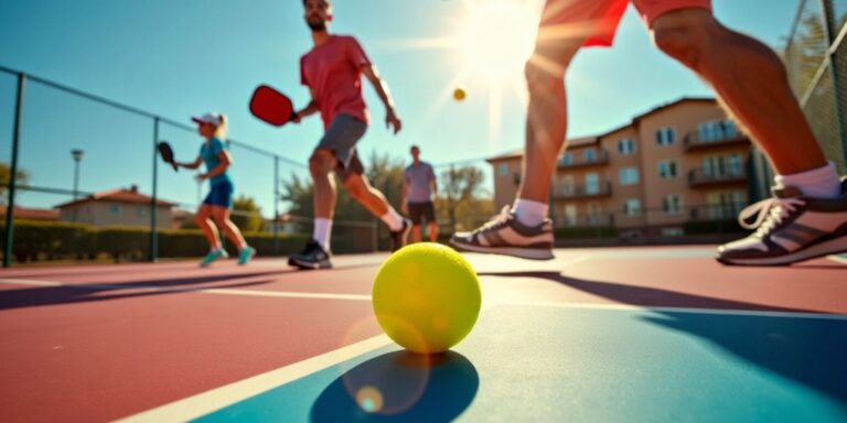 Players enjoying a game of pickleball on a sunny court.