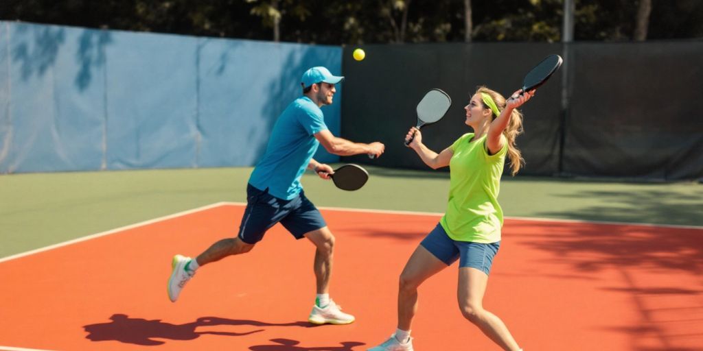 Two players competing in a pickleball doubles match.