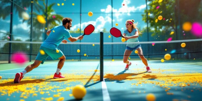 Two players competing in a lively pickleball match.