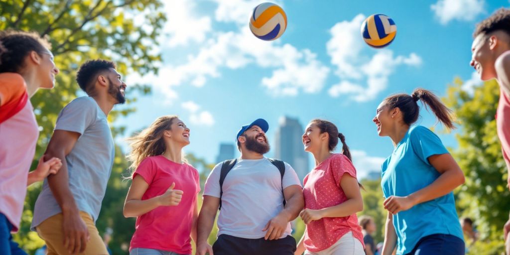 Diverse friends playing sports in a sunny park.