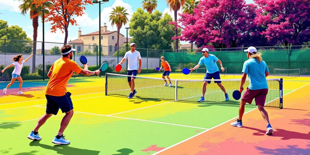 Players of different skill levels playing pickleball on a court.