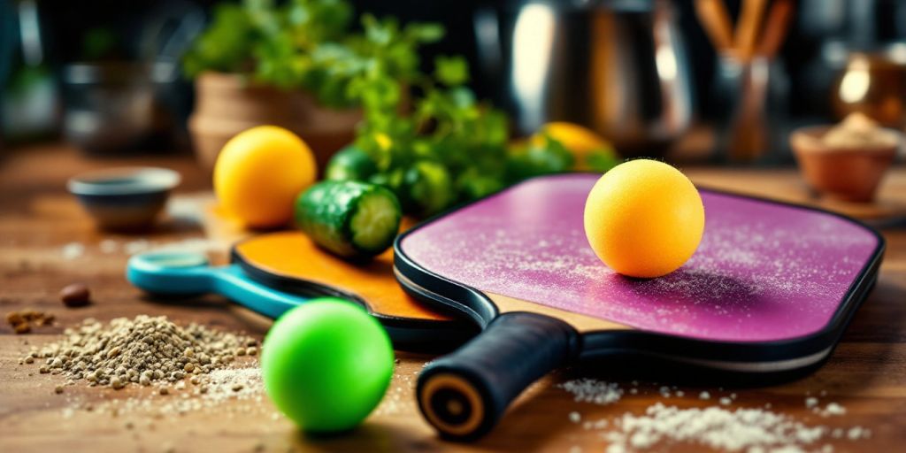 Pickleball paddle and ball on a kitchen countertop.