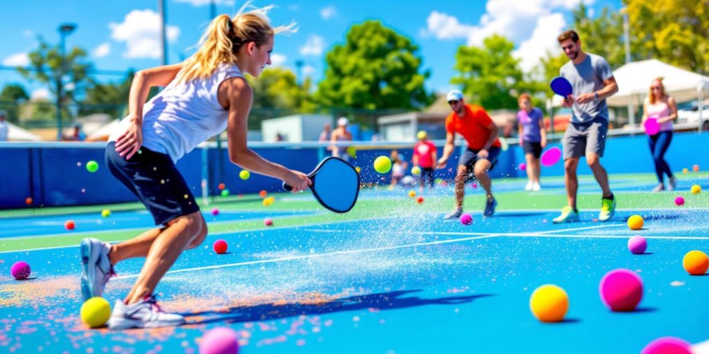 Players competing on a colorful pickleball court.