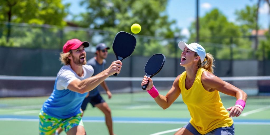 Four players engaged in an intense pickleball doubles match.