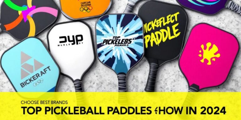 Colorful pickleball paddles on a textured surface.