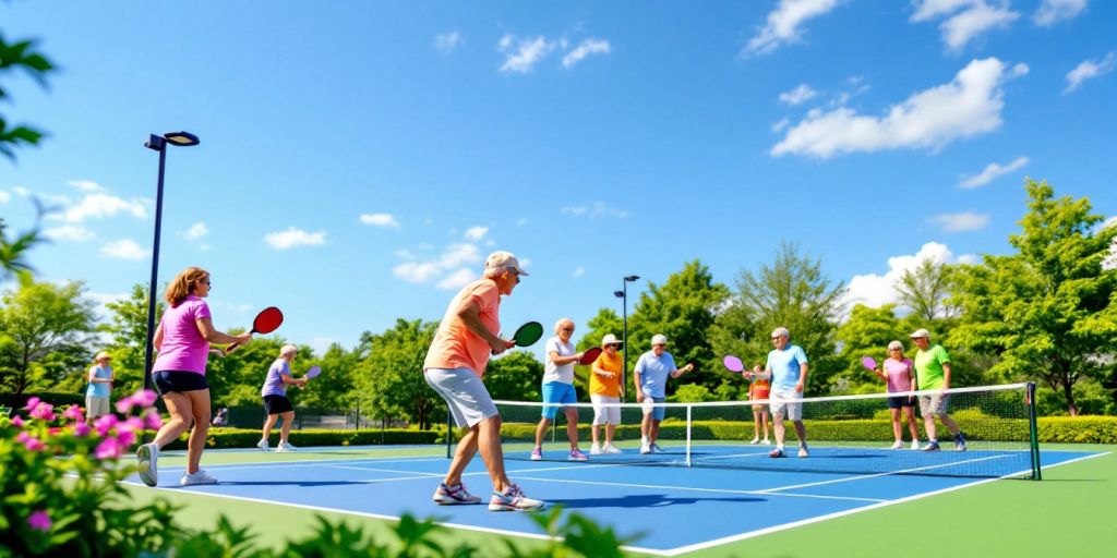 Seniors playing pickleball in a sunny community setting.